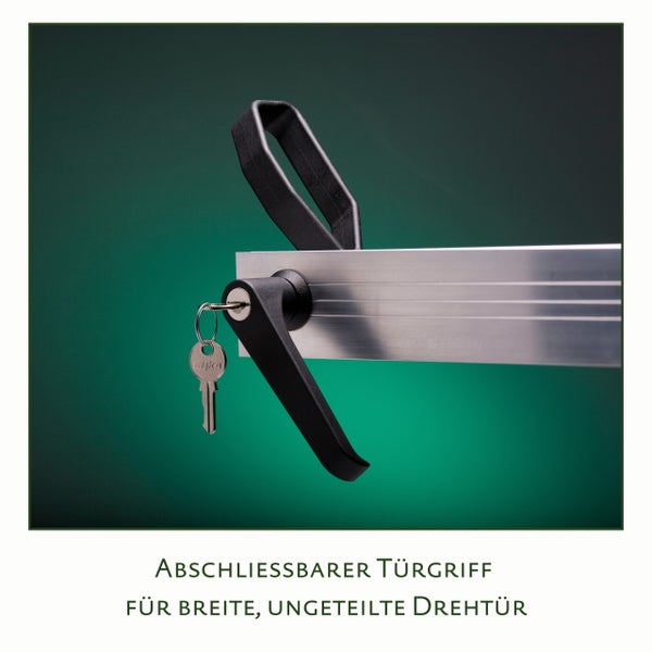 Abschließbarer Türgriff aus schwarzem Kunststoff mit Profilleiste aus Aluminium und Schlüssel für breite, ungeteilte Drehtüren.