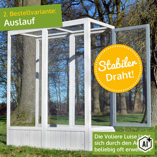 Erweiterbares Volieren Auslauf Element Luise aus Holz mit Drahtgitter zur Erweiterung von Vogelvolieren.