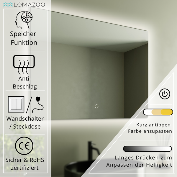 Lomazoo Badezimmerspiegel mit LED Beleuchtung, Memory Funktion, Antibeschlag Heizung, Wandanschluss, CE und RoHS Zertifizierung.
