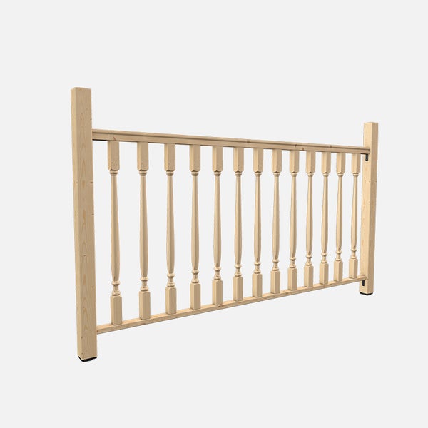 Holzgeländer mit gedrechselten Geländerstäben und zwei Pfosten.