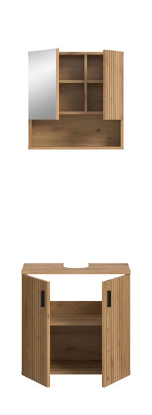 Badmöbel-Set aus Spiegelschrank und Waschbeckenunterschrank in Eichenoptik mit Lamellentüren und offenen Regalfächern.