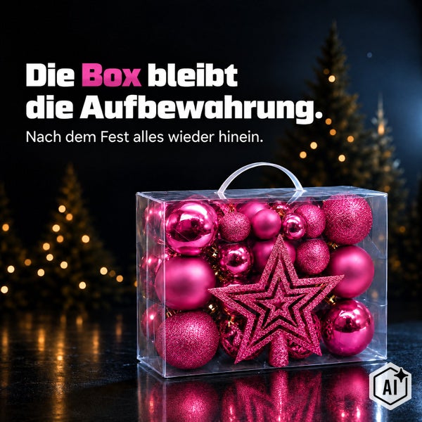 Transparente Aufbewahrungsbox gefüllt mit verschiedenen Weihnachtsbaumkugeln und einem Weihnachtsstern zur Dekoration.