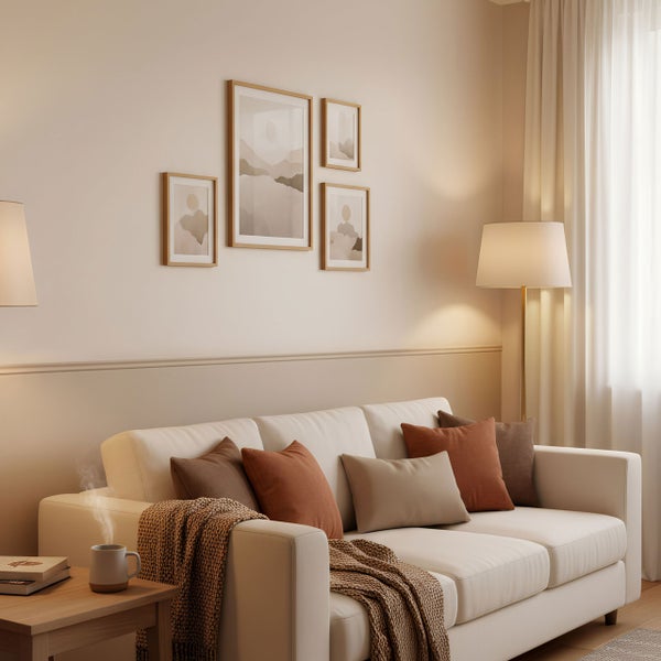 Wohnzimmer mit Sofa, Kissen, Decke, Tisch, Tasse, Buch, Lampe und Bildern an der Wand