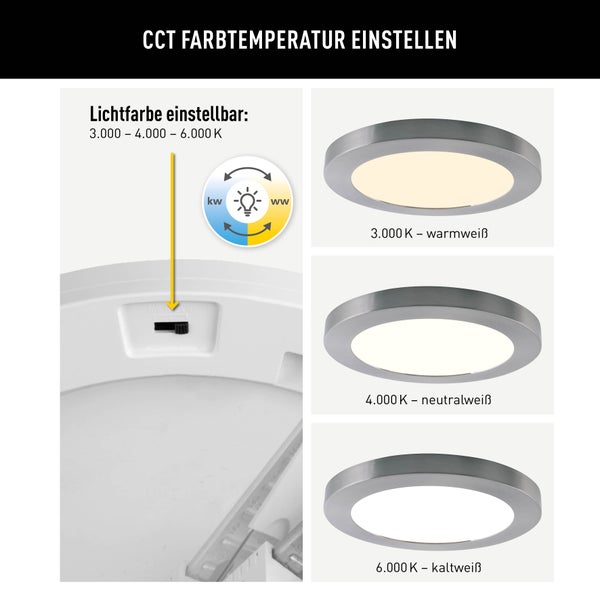 Einstellbare Farbtemperatur der Leuchte: 3000 Kelvin warmweiss, 4000 Kelvin neutralweiss, 6000 Kelvin kaltweiss