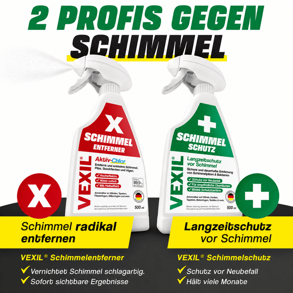 VEXIL Schimmelentferner und Schimmelschutz Set zur Beseitigung und Prävention von Schimmelbefall im Innenbereich.