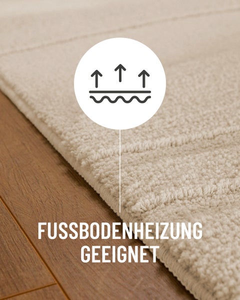Teppich auf Holzboden, geeignet für Fußbodenheizung.
