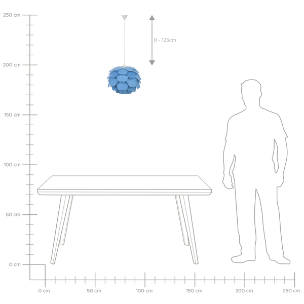 Illustration einer Pendelleuchte mit einstellbarer Höhe zwischen 0 und 125 Zentimetern über einem Tisch