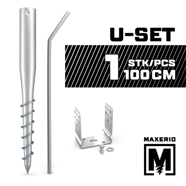 MAXERIO® 100 cm 6er U-Set + 10 cm Pfostenträger für Schraubfundament Bodenhülse Erdanker Erdschraube Schraubhülse Erdschraubenfundament Bodenanker Schraubanker Fundament für Spielturm Zaun Pfosten Pavillon