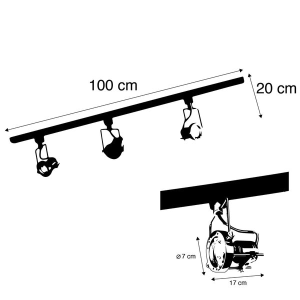 Schienensystem mit 3 Spots 1-phasig schwarz mit Stahl - Suplux