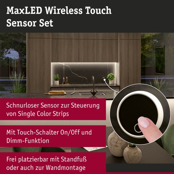 MaxLED Wireless Touch Sensor Set mit magnetischer Halterung, Klebepad zur Wandmontage und Pairing Taste.