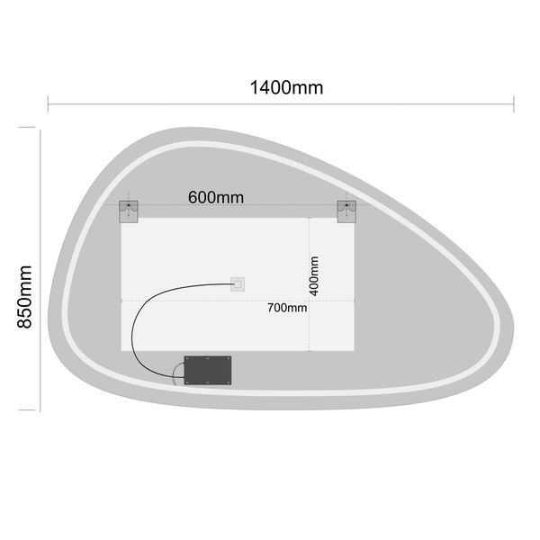 Technische Zeichnung eines asymmetrischen Spiegels mit Maßen 1400 Millimeter mal 850 Millimeter und Montagepunkten.