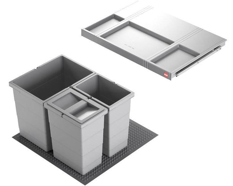 Mülltrennsystem für Küchenschränke mit drei grauen Kunststoff-Eimern, ausziehbarem Metallrahmen mit Ablage, Antirutschmatte und Hailo Logo.