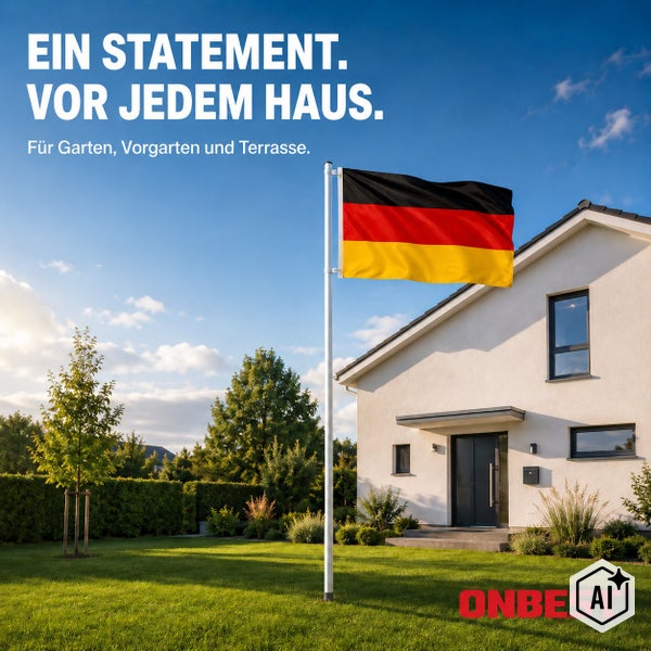 Fahnenmast mit deutscher Flagge vor einem modernen Einfamilienhaus mit Garten. Onbest Logo.