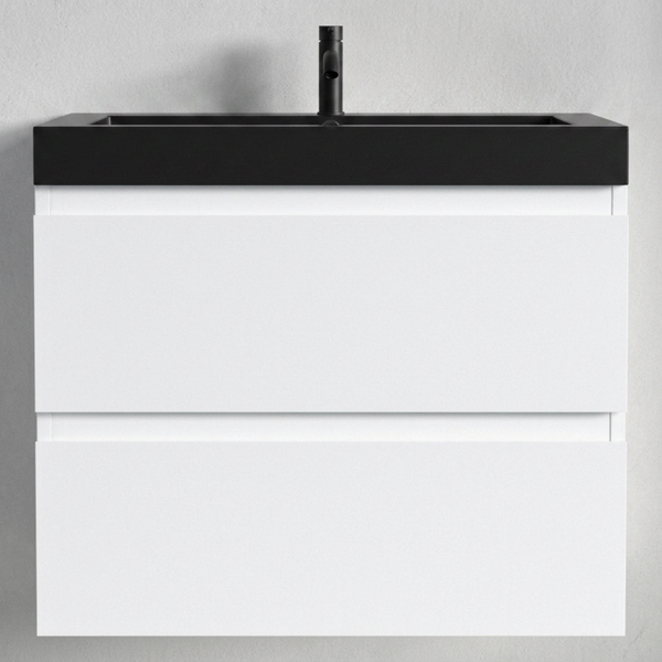 Moderner Waschtischunterschrank mit zwei Schubladen und Aufsatzwaschbecken inklusive Armatur für das Badezimmer.