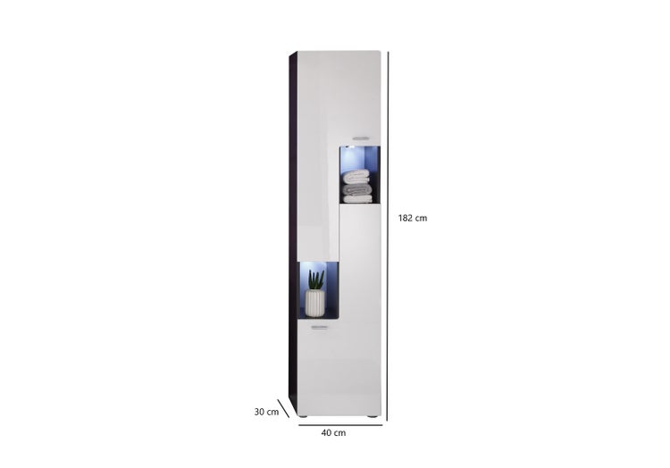 TetisBad Badschrank hoch 2 Türen, 2 offene Fächer Graphit Dekor, weiß Hochglanz. 40 X 30 X 182 cm