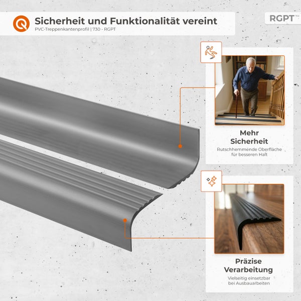 Treppenkantenprofil aus Polyvinylchlorid mit rutschhemmender Oberfläche für Sicherheit auf Treppenstufen, RGPT Logo.