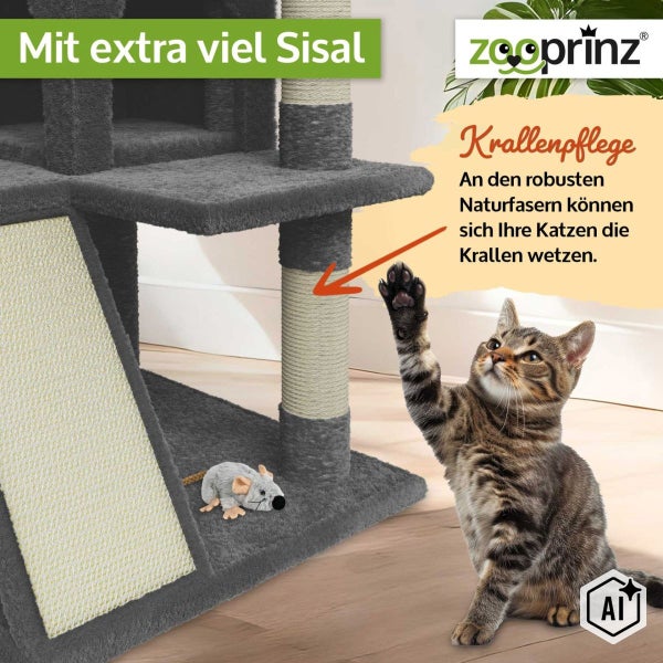 Katzenbaum mit Sisal Kratzstämmen und Spielzeugmaus, Zooprinz Logo, Katze beim Spielen.
