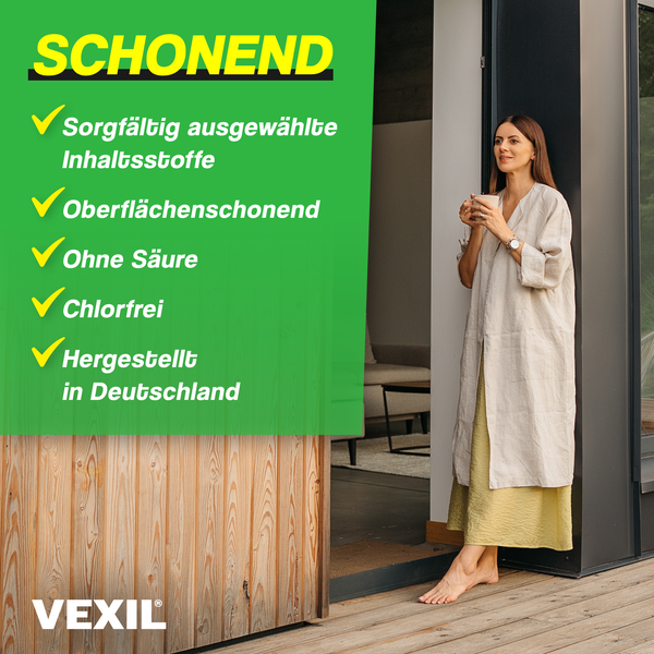 Vexil Produktinformationen mit Vorteilen wie schonende Inhaltsstoffe, säurefrei und chlorfrei, hergestellt in Deutschland.