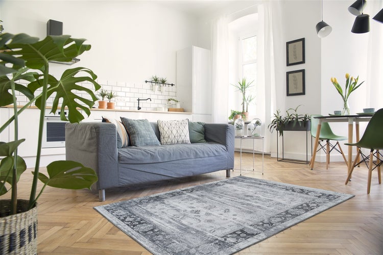 Heller, offener Wohnraum mit grauem Sofa, gemustertem Teppich auf Fischgrätparkett, Essplatz und weißer Küchenzeile mit Zimmerpflanzen.