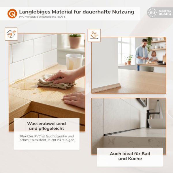 Anwendungsbeispiele für selbstklebende PVC Viertelstäbe in Küche und Bad.