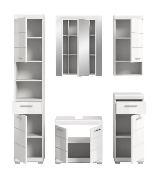 Badezimmermöbel-Set in Weiß bestehend aus Hochschrank, Spiegelschrank, Hängeschrank, Waschtischunterschrank und Beistellschrank mit Stauraum.