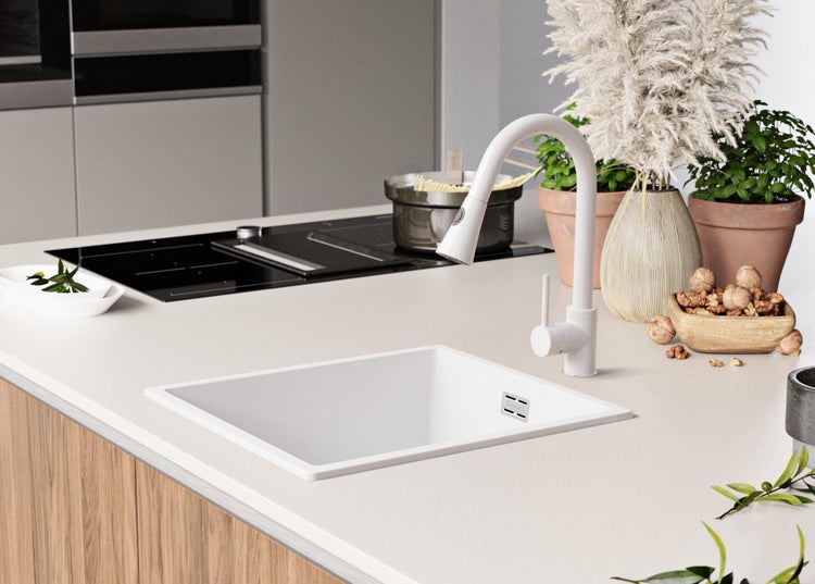 Küchenszene mit Spüle, Armatur, Kochfeld und dekorativen Elementen für eine moderne Küchengestaltung.