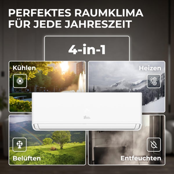 Split Klimaanlage Innengerät mit Kältebringer Logo und den 4 in 1 Funktionen Kühlen, Heizen, Belüften und Entfeuchten.