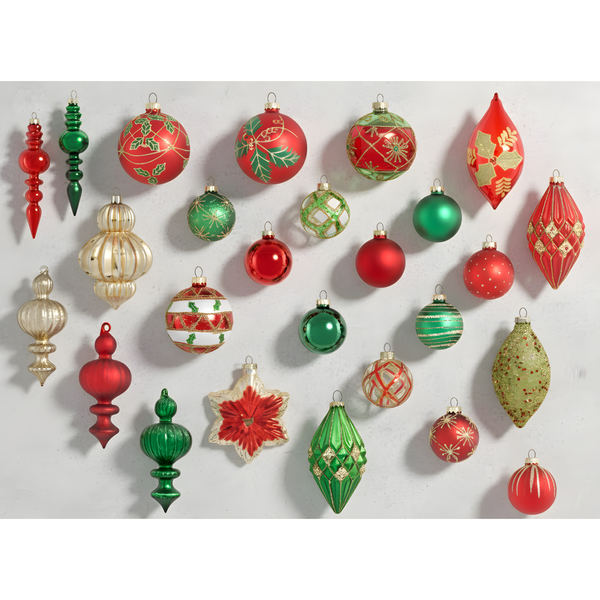 Sortiment an Christbaumkugeln und -spitzen mit verschiedenen Designs