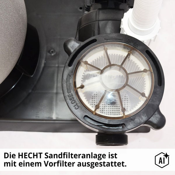 Hecht Sandfilteranlage mit integriertem Vorfilter zur Poolreinigung.