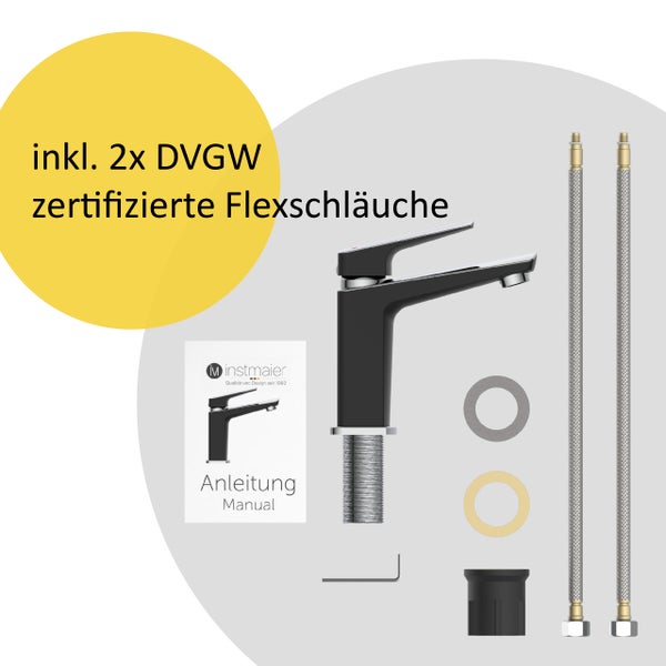 instmaier Waschtischarmatur B2 | hochwertige Mischdüse | Wasserhahn Bad mit Bohrung für Exzentergestänge | Badezimmer Armatur Schwarz / Chrom | mit Zentralverschraubung | Für Lochdurchmesser von 35-50mm