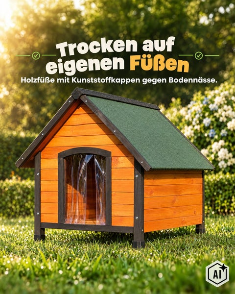 Hundehütte aus Holz mit Satteldach und Füßen mit Kunststoffkappen als Schutz vor Bodenfeuchtigkeit im Garten.
