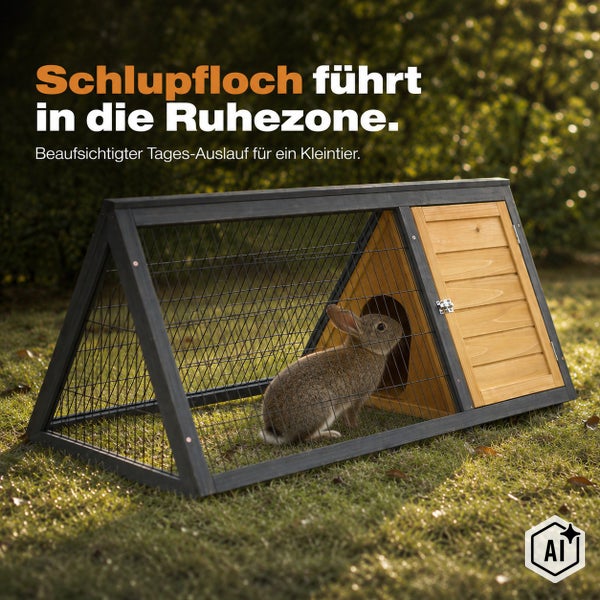 Kleintiergehege aus Holz mit wetterfester Ruhezone und Gitterauslauf auf Grasfläche für die sichere Außenhaltung.