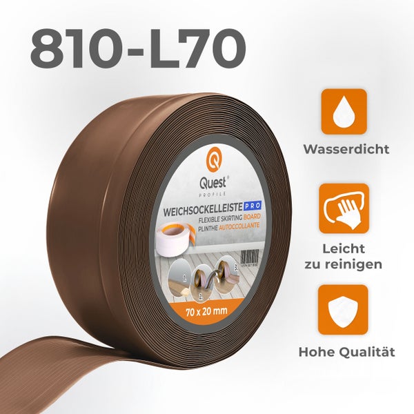 Quest Weichsockelleiste, Breite Sockelleiste 70 x 20 mm, PVC Knickleiste für Wand, Boden, Flexibel, Braun, 1 Meter
