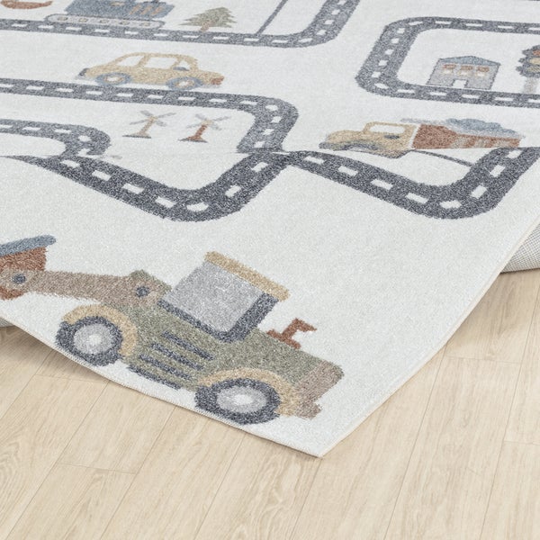 Maschinenwaschbarer Kinderteppich Auto-Rennstrecke Beige/Grau 120x170 cm VROOMVILLE
