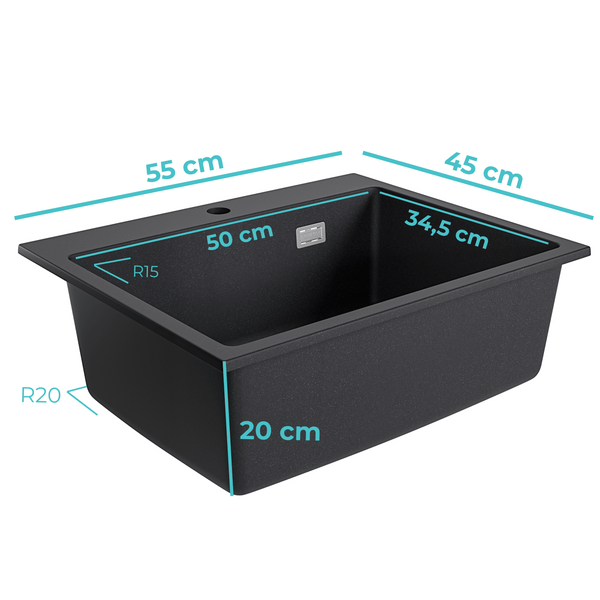 Einbau-Küchenspüle aus Granit mit Maßangaben in Zentimeter für Breite, Tiefe und Beckentiefe sowie Eckradien.