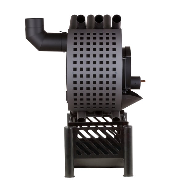 Holzofen mit Ofenrohr und quadratischem Design auf Metalluntergestell