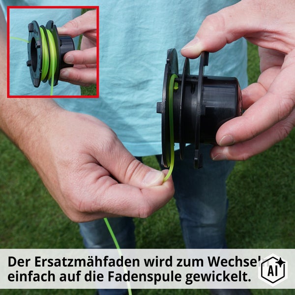 Hände beim Aufwickeln des Ersatzmähfadens auf eine Fadenspule für einen Rasentrimmer.