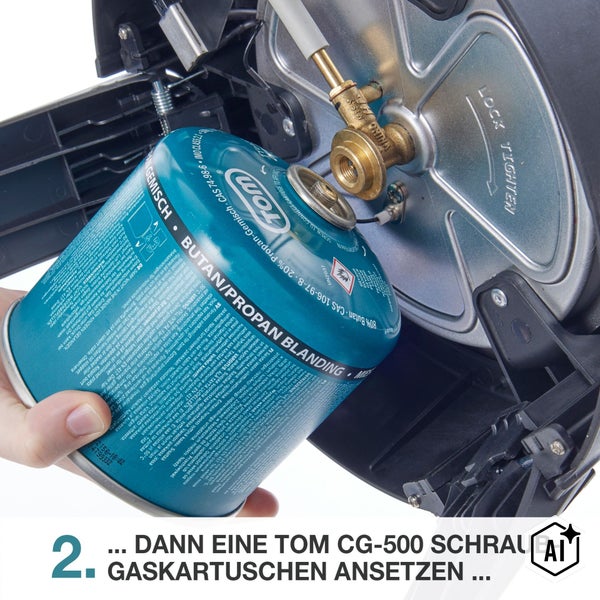 Hand beim Einsetzen einer TOM CG-500 Butan Propan Gaskartusche in ein Gasgerät mit Schraubgewinde.