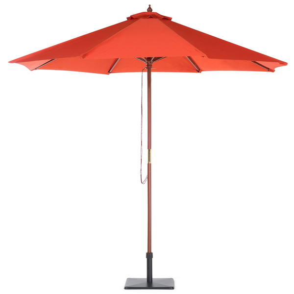 Runder Sonnenschirm mit orangefarbenem Bezug, braunem Mast und schwarzem Standfuß.