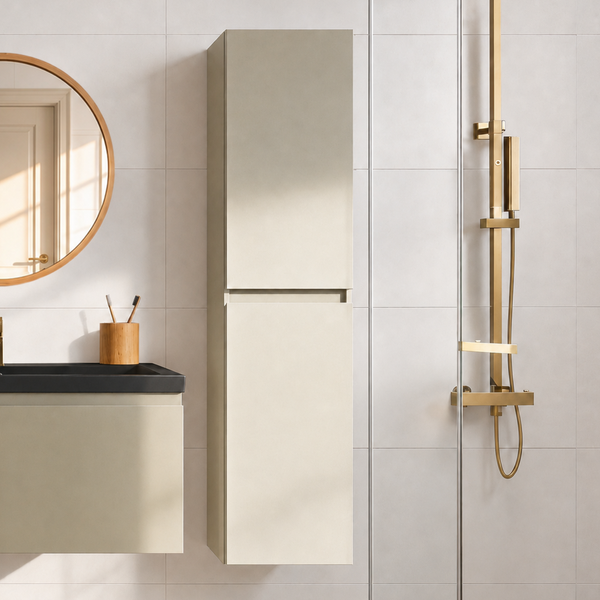 Hängender Waschtisch mit schwarzem Waschbecken und offener Schublade, montiert an einer hellen Fliesenwand in einem modernen Badezimmer.
