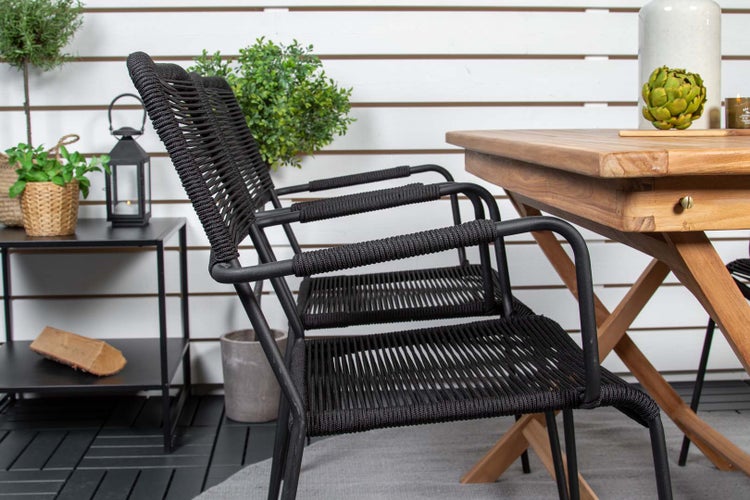 Kenya Gartenset Tisch 70x120cm natur, 4 Stühle Lindos schwarz. 70 X 120 X 75 cm