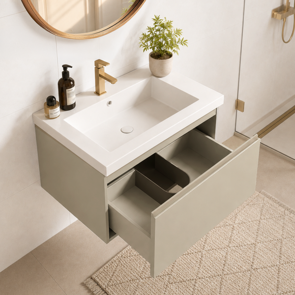 Moderner Waschtisch mit Unterschrank in Wandmontage, weißem Waschbecken und goldener Armatur in einem hellen Badezimmer.