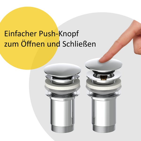 instmaier Ablaufgarnitur E1 | mit Überlauf | Waschbeckenstöpsel mit Push-Open Funktion | Pop Up Ventil Chrom
