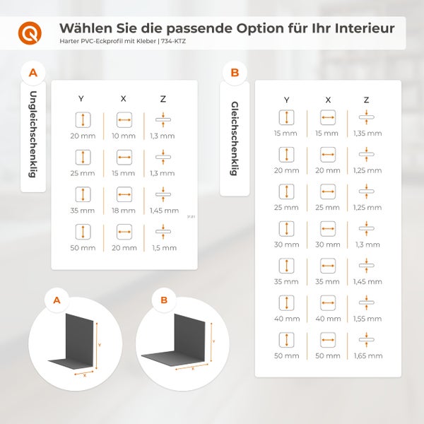 Größentabelle für Kunststoff-Eckprofile mit Kleber, ungleichschenklig und gleichschenklig, mit Schenkellänge und Materialstärke. Quest Logo.