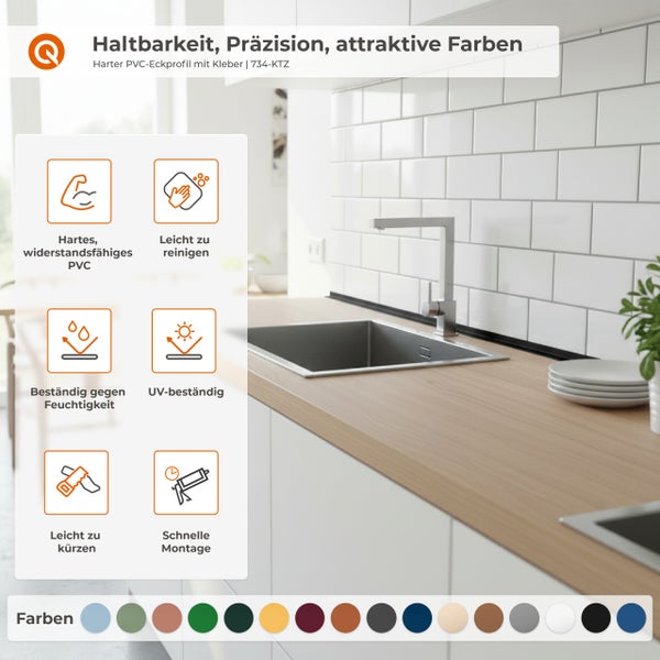 Quest Logo. Hartes PVC-Eckprofil in einer modernen Küche. Symbole für Beständigkeit gegen Feuchtigkeit und UV-Strahlen sowie einfache Montage.