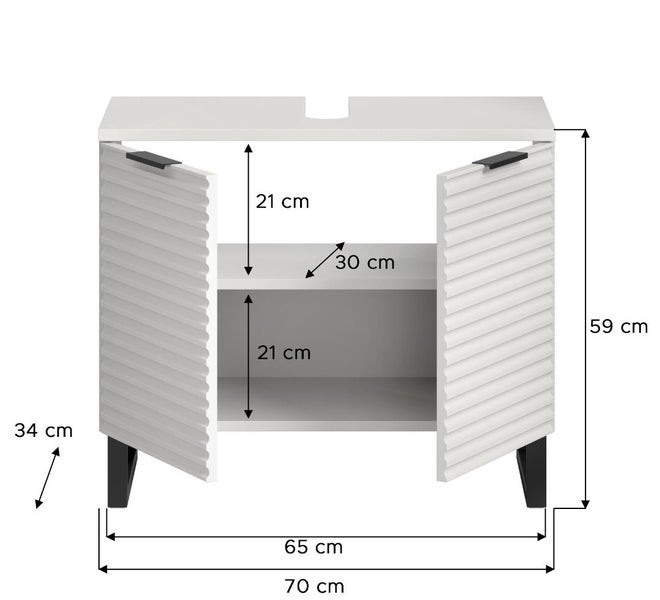 Waschtischunterschrank mit offenen Türen und Maßangaben
