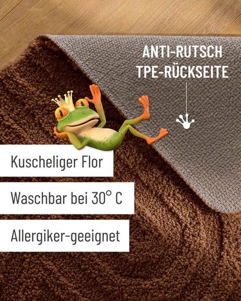 Brauner Badeteppich mit kuscheligem Flor, rutschfester TPE-Rückseite, waschbar bei 30 Grad und für Allergiker geeignet.