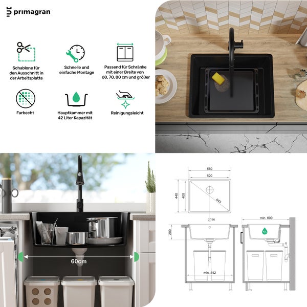 PRIMAGRAN Spülbecken Schwarz 56x44cm, Granitspüle 1 Becken + Ablauf-Set, Küchenspüle ab 60er Unterschrank - Venedig Slim Easy