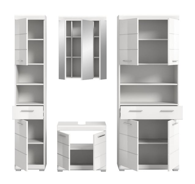 Mehrteiliges Badezimmermöbel-Set in Weiß Hochglanz mit geöffneten Türen und Schubladen, bestehend aus Hochschrank, Spiegelschrank und Unterschrank.