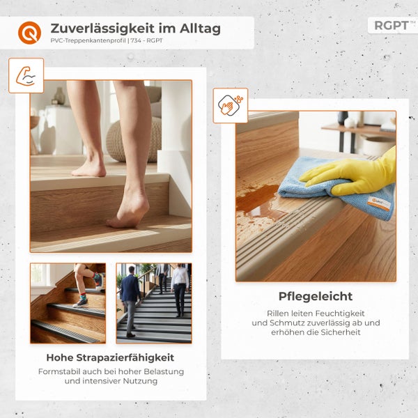 PVC-Treppenkantenprofile für Treppenstufen, zeigt hohe Belastbarkeit bei intensiver Nutzung und einfache Reinigung von Schmutz und Nässe.